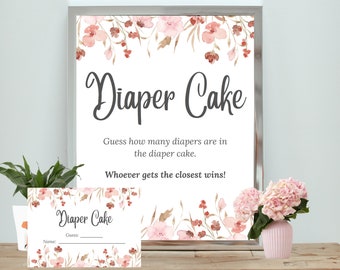 Elegant "Diaper Cake" Sign Printable | Baby Shower Decor | Guess How Many Diapers | Floral Design | Instant Download | Print at Home | FB1