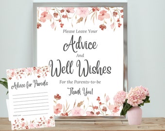 Elegant "Advice & Well Wishes for Parents" Sign/Cards Printable | Baby Shower Decor | Floral Design | Instant Download | Print at Home | FB1