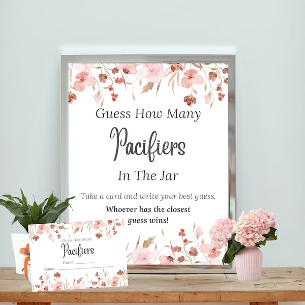 Elegant "Guess How Many Pacifiers" Sign Printable | Baby Shower Decor | Floral Design | Instant Download | Print at Home | FB1