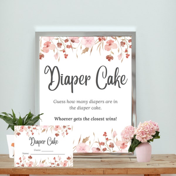 Elegant "Diaper Cake" Sign Printable | Baby Shower Decor | Guess How Many Diapers | Floral Design | Instant Download | Print at Home | FB1
