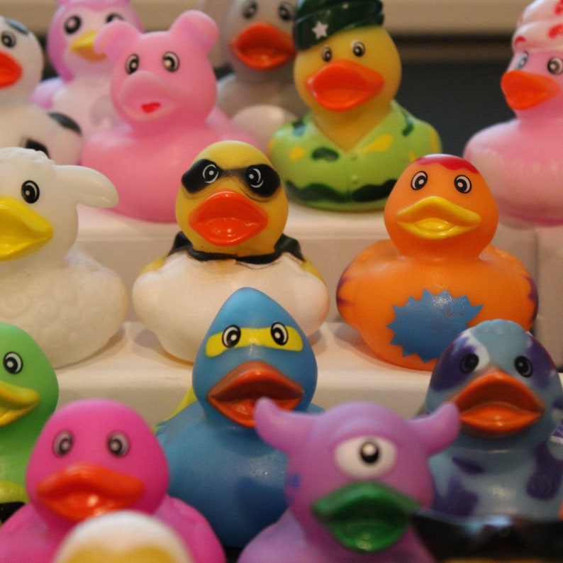 May include: A collection of colorful rubber duck toys in various designs, including a blue duck with a yellow beak and eyes, a pink duck with a red beak and eyes, and a yellow duck with a green beak and eyes.