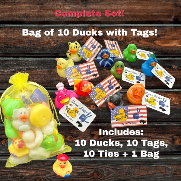 10 Pack Set of Ducks & Tags/Ties for SUV Ducking | Ducks, Tags, Ties and Bag | Perfect Gift or Refill | Start Ducking Today!