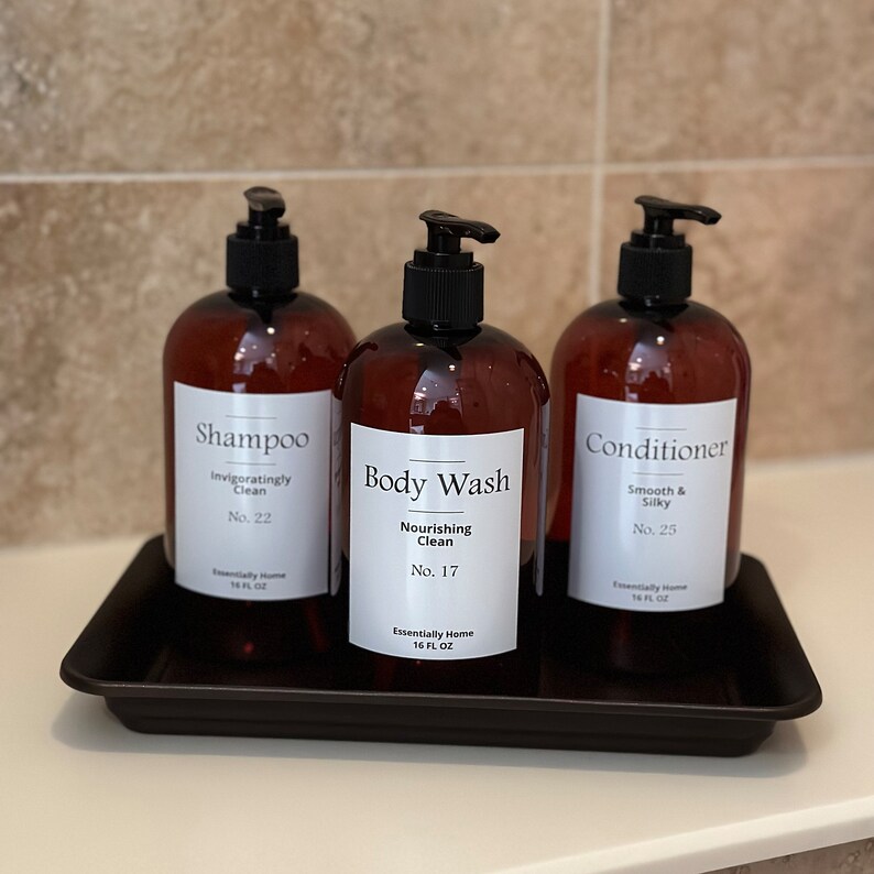 Modern Amber Plastic Shampoo, Conditioner & Body Wash Dispensers Set
