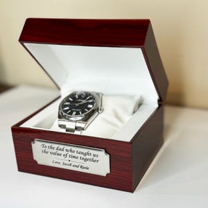 Watch Box w/ Custom Engraving & Pillow | Wood Box | Wedding Day Gift | Father of the Bride | Groom | Husband from Bride | For Men or Women