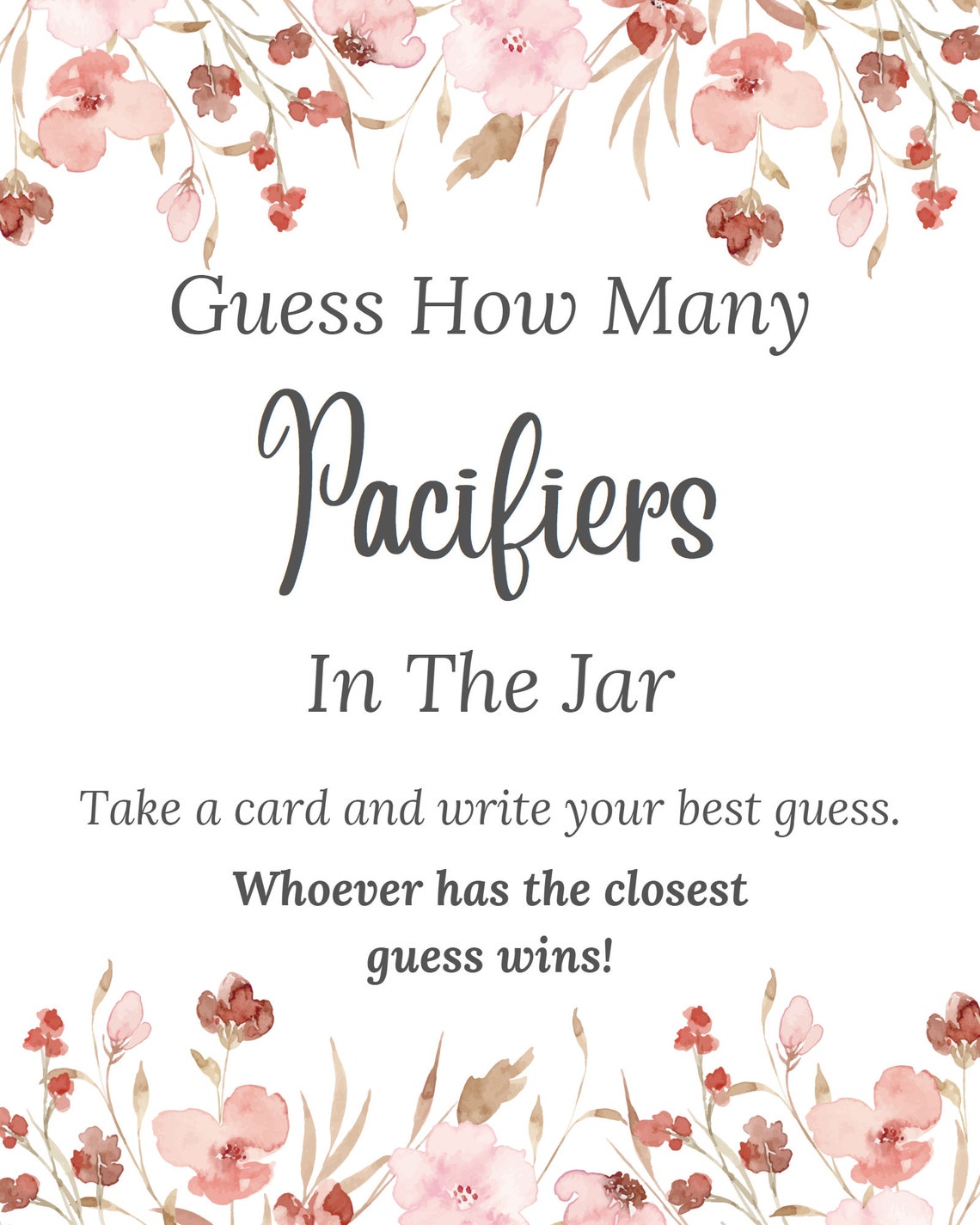 Elegant guess How Many Pacifiers Sign Printable Baby Shower Decor