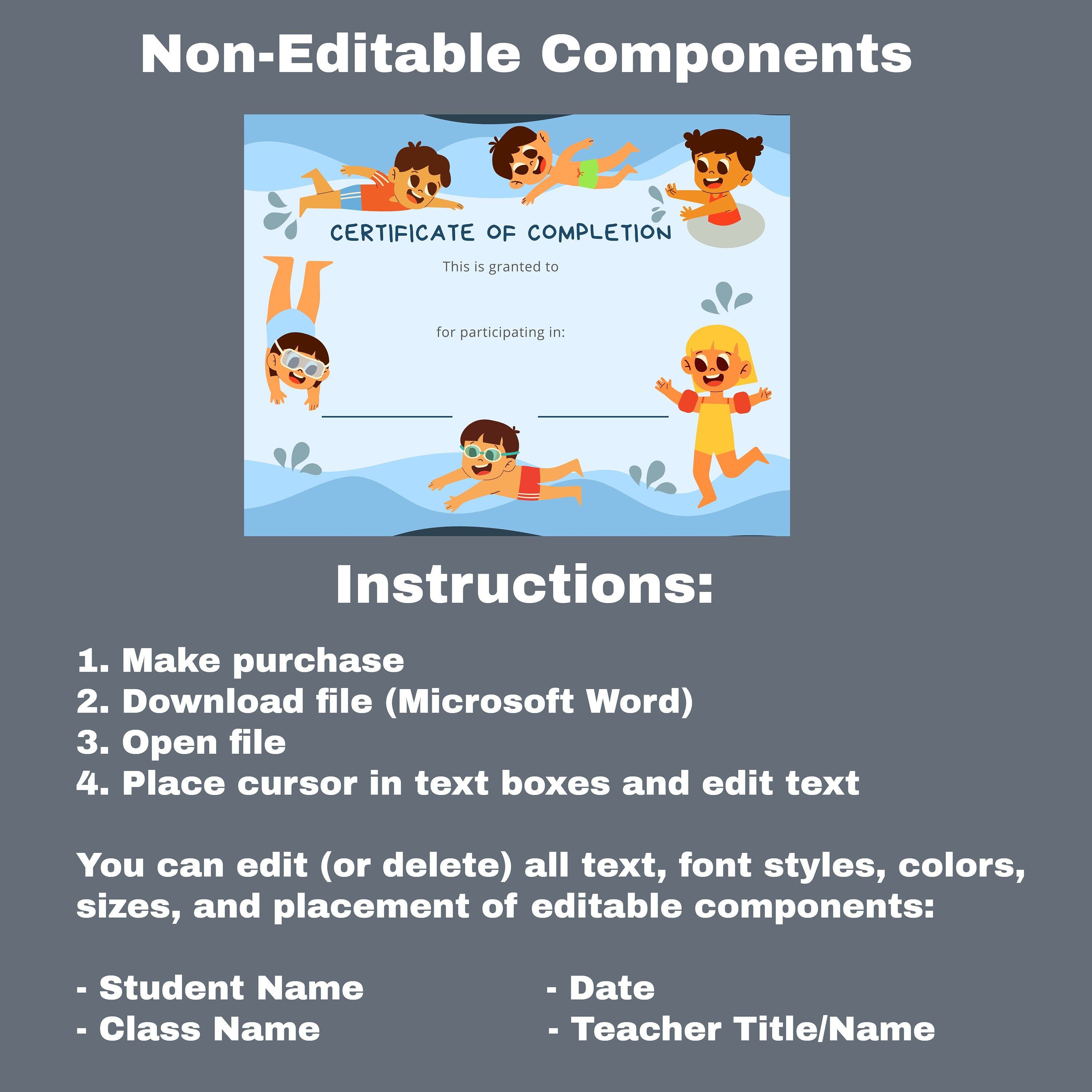 Customizable Swim Certificate | Edit Student Name, Class Name, Date ...
