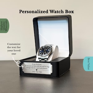 Watch Box w/ Custom Engraving & Pillow | Black PU Leather | Wedding Day Gift | Father of Bride | Groom | Husband from Bride | For Men/Women