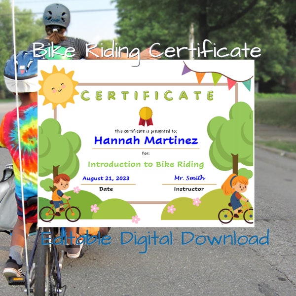 Customizable Bike Riding Certificate | Celebrate Cycling Achievements | Personalized Kids' Award | Instant Download | 8.5" x 11"