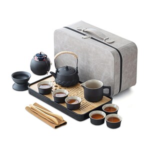 13-częściowy zestaw do herbaty z ceramiki premium i ceramiczny czajniczek z szarym skórzanym etui, ceramiczny zestaw do herbaty, zestaw podróżny do herbaty, zestaw na ceremonię Gongfu