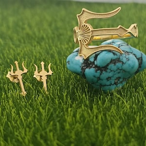 Ancient Greek God Poseidon Trident Ring And Earring Set Of Two Custom Made Neptune Trident Ring | Sterling Silver Greek Sea God Poseidon