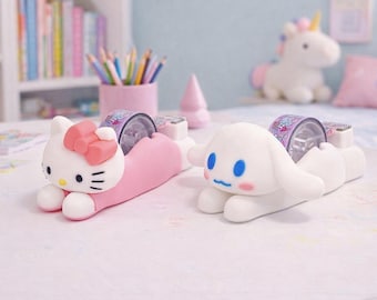 Dispensador de cinta adhesiva con personajes kawaii / Accesorios de escritorio pastel bonitos / Decoración de oficina de estilo japonés / Soporte de escritorio para cinta washi