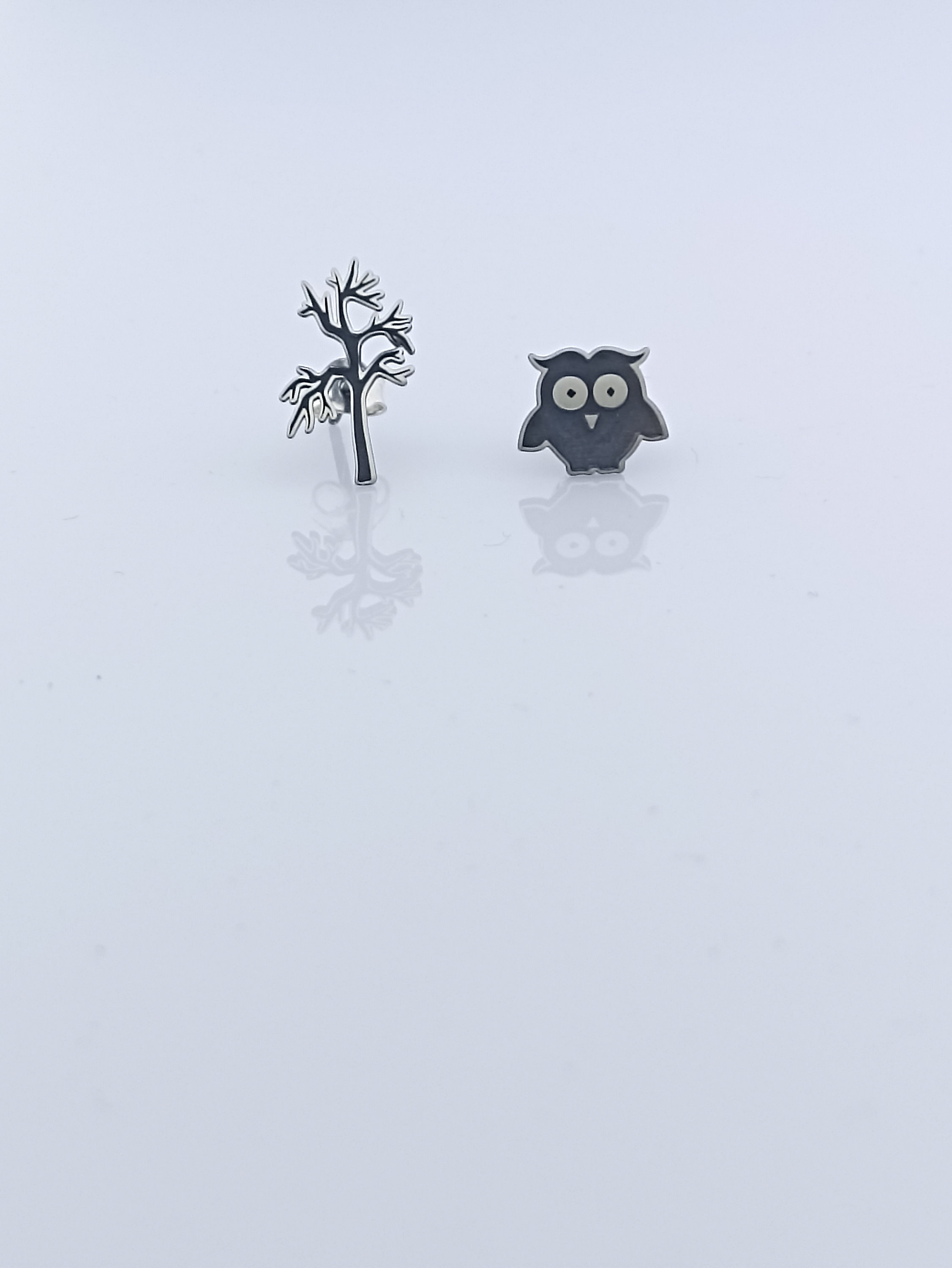 Owl and The Tree Stud Earrings, Tiny Mismatch Unique Stud Earrings, Nature & Owl Lover Stud Earrings, Animal Earrings, Animal Jewelry