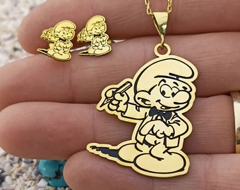 Painter Smurf Earrings and Necklace, Smurfs Jewelry, Cartoon Earrings and Necklace, Cartoon Jewelry