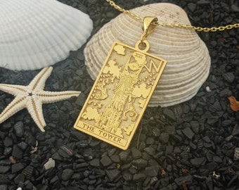 Custom Made The Tower Double Sided Pop Art Tarot Card Necklace, Spiritual Tarot Card Jewellery, Silver Tarot Pendant, Mystic Jewelry