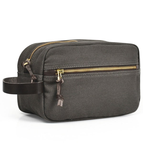 Toiletry Bag Men Canvas Twill YKK Zipper Veg Tanned Leather Dopp Kit Toiletries Bag Water Resistant Travel Shaving Kit Engrave Personalize