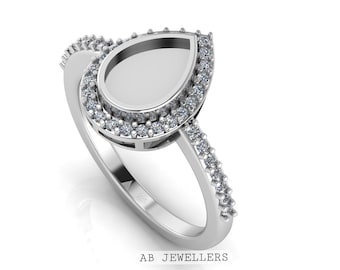 925 Sterling Solid Silver Pear/Teardrop Blank Bezel With CZ Setted Ring, Good for Gemstone, Resin & Ashes Work,Keepsake/Breastmilk DIY