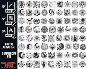 Può includere: Un set di 90 illustrazioni in bianco e nero con simboli celestiali e magici. Le illustrazioni includono lune, stelle, occhi, mani, serpenti, cristalli e altri elementi mistici. Le illustrazioni sono perfette per l'uso in progetti digitali, come la progettazione di siti Web, la grafica dei social media e l'arte stampabile.