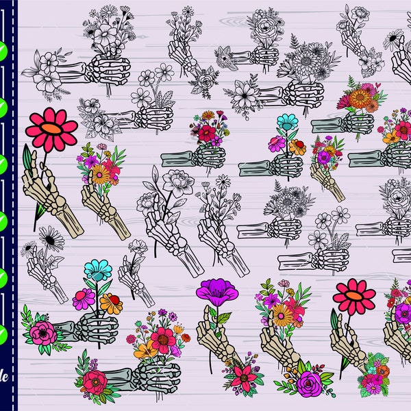 Skeleton Hand Holding Flowers svg,#1, Floral skeleton hand svg, Skeleton Holding Rose Svg, Flower Tattoo Svg, Skeleton Hand Cut File, vector