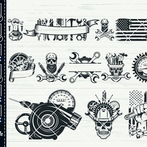 May include: A set of black and white vector illustrations featuring a skull with tools, a wrench, a speedometer, a drill, and an American flag. The illustrations are perfect for creating DIY projects, crafts, and designs.