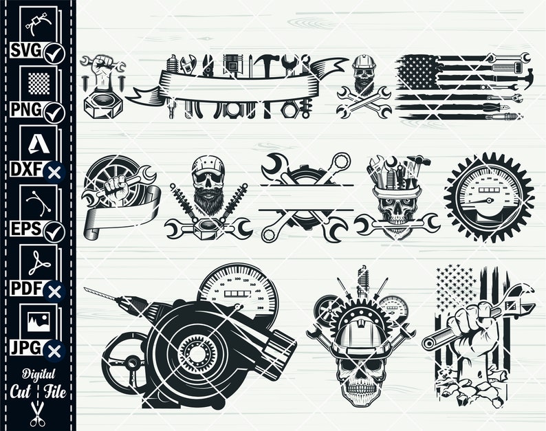 May include: A set of black and white vector illustrations featuring a skull with tools, a wrench, a speedometer, a drill, and an American flag. The illustrations are perfect for creating DIY projects, crafts, and designs.