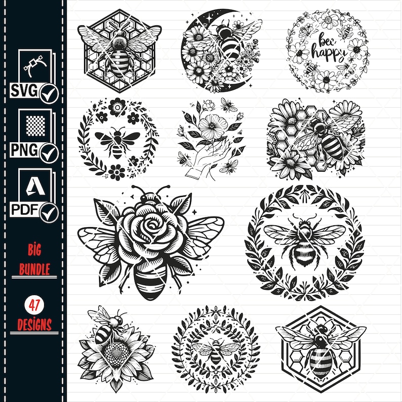 Floral Bee SVG Bundle, Honeycomb, Queen Bee Clipart (digital Download ...