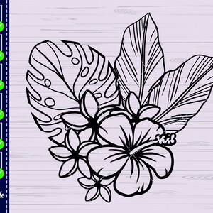 May include: Black and white line art illustration of tropical flowers and leaves. The flowers are hibiscus and plumeria. The leaves are monstera and palm.