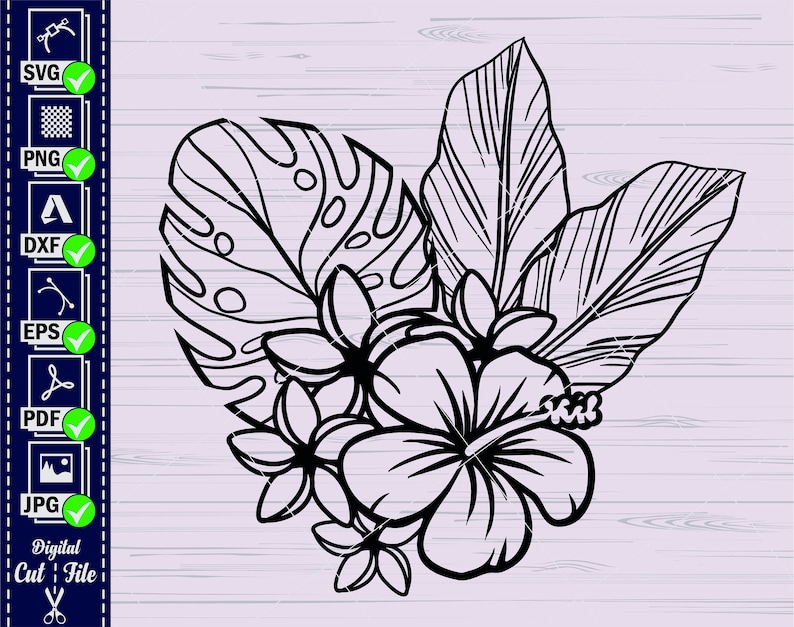 May include: Black and white line art illustration of tropical flowers and leaves. The flowers are hibiscus and plumeria. The leaves are monstera and palm.