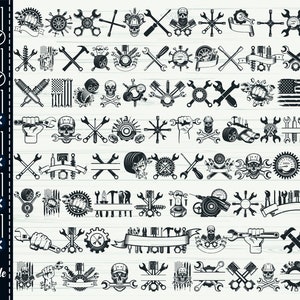 Puede incluir: Una colección de 100 gráficos vectoriales en blanco y negro con varios diseños de temática mecánica y automotriz. Los diseños incluyen llaves, engranajes, calaveras, neumáticos y otras herramientas.