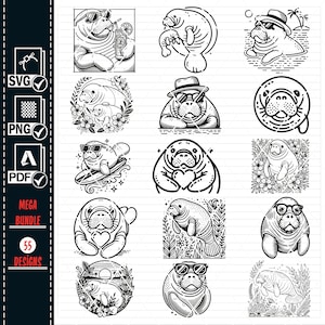 May include: A set of 12 black and white illustrations featuring a manatee in various poses. The manatee is depicted wearing sunglasses, a hat, and holding a heart. Some illustrations feature the manatee in a floral setting, while others show the manatee surfing or relaxing on a beach.