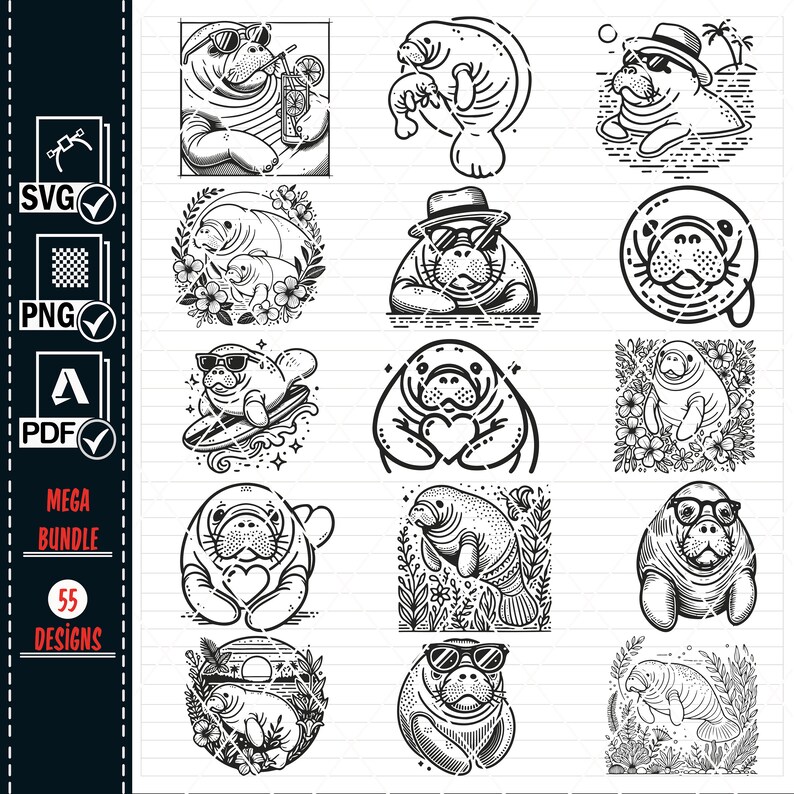 May include: A set of 12 black and white illustrations featuring a manatee in various poses. The manatee is depicted wearing sunglasses, a hat, and holding a heart. Some illustrations feature the manatee in a floral setting, while others show the manatee surfing or relaxing on a beach.
