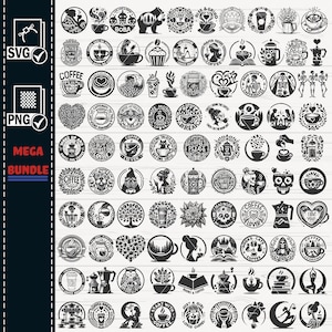 Könnte beinhalten: Ein Set mit 64 Schwarzweiß-SVG- und PNG-Digitaldownloads zum Thema Kaffee. Die Designs zeigen verschiedene kaffeebezogene Bilder, darunter Kaffeetassen, Kaffeebohnen, Kaffeekannen und Kaffeezitate. Die Designs sind perfekt zum Erstellen von Tassen, T-Shirts, Aufklebern und anderen Bastelarbeiten.