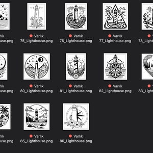 May include: A collection of 12 black and white illustrations of lighthouses in various styles. Each illustration features a lighthouse with unique details, such as a heart, a compass, a ship's wheel, and a palm tree.