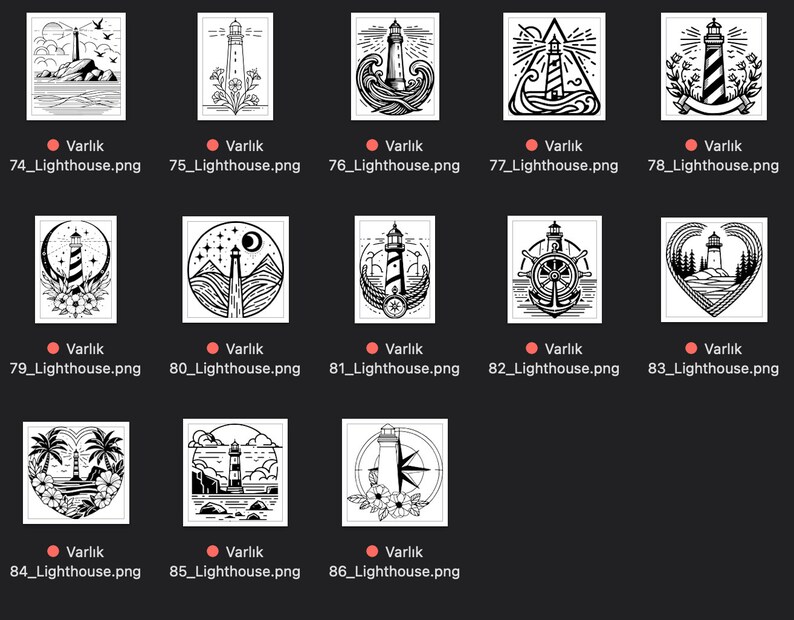 May include: A collection of 12 black and white illustrations of lighthouses in various styles. Each illustration features a lighthouse with unique details, such as a heart, a compass, a ship's wheel, and a palm tree.