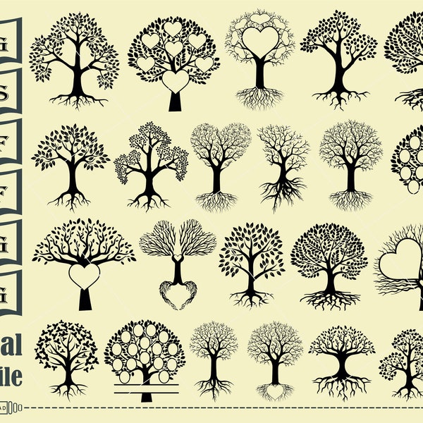 Arbre avec racines SVG, Arbre généalogique SVG, Arbre avec racines Clipart, Arbre avec racines Fichiers coupés pour Silhouette, Fichiers pour Cricut, Dxf, Png, Eps