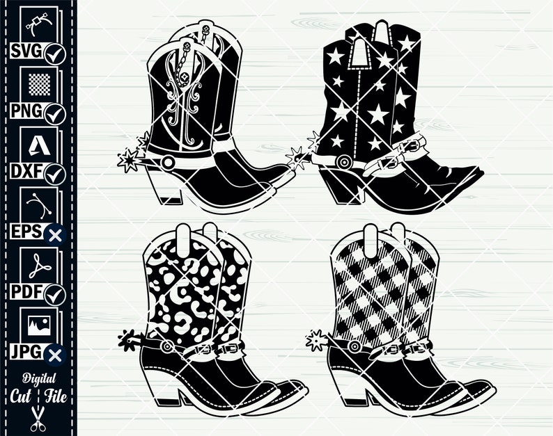 K&ouml;nnte beinhalten: Vier Paar schwarze Cowboy-Stiefel mit verschiedenen Mustern. Die Stiefel haben eine spitze Zehenpartie und einen Sporen an der R&uuml;ckseite. Die Muster umfassen Sterne, Leopardenmuster und Karomuster.