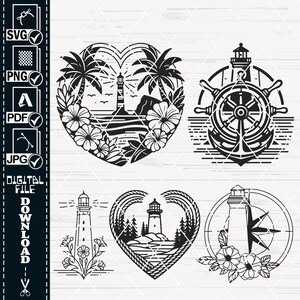 May include: Four black and white illustrations of lighthouses with nautical themes. The first image is a heart-shaped design with a lighthouse, palm trees, and flowers. The second image is a lighthouse with a compass and flowers. The third image is a lighthouse with a rope heart and trees. The fourth image is a lighthouse with a ship's wheel and anchor.