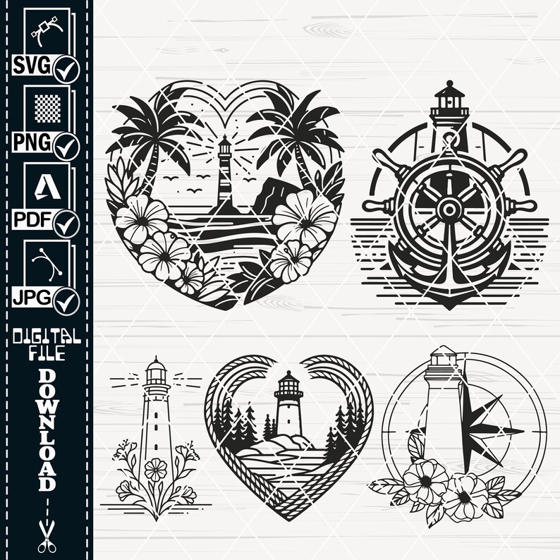 May include: Four black and white illustrations of lighthouses with nautical themes. The first image is a heart-shaped design with a lighthouse, palm trees, and flowers. The second image is a lighthouse with a compass and flowers. The third image is a lighthouse with a rope heart and trees. The fourth image is a lighthouse with a ship's wheel and anchor.
