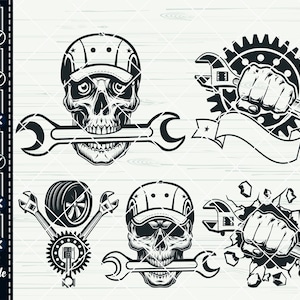 May include: A set of four black and white vector illustrations featuring a skull wearing a cap and holding a wrench, a fist holding a wrench, a tire with two wrenches, and a fist breaking through a wall with a wrench.