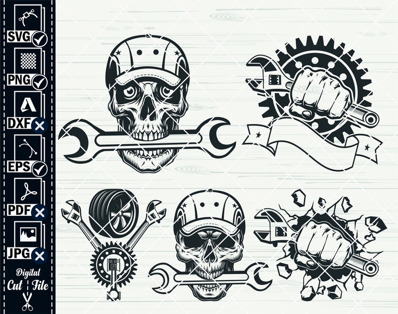 May include: A set of four black and white vector illustrations featuring a skull wearing a cap and holding a wrench, a fist holding a wrench, a tire with two wrenches, and a fist breaking through a wall with a wrench.