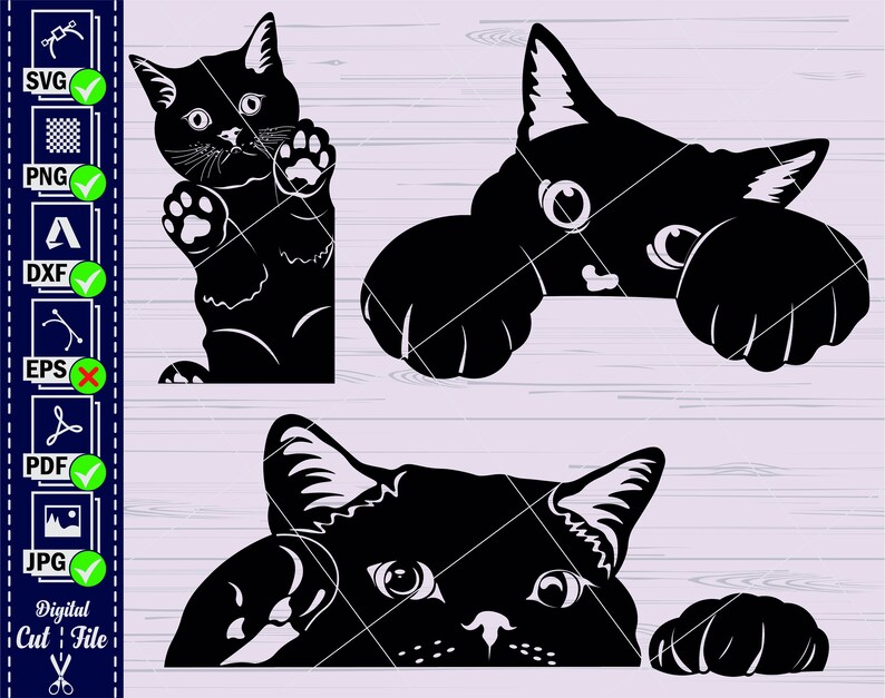 Op de afbeelding: Drie zwarte katten silhouetten die van achter een oppervlak kijken. De katten kijken met nieuwsgierige gezichtsuitdrukkingen naar de kijker. De bovenste kat staat rechtop, terwijl de andere twee liggen met zichtbare poten.