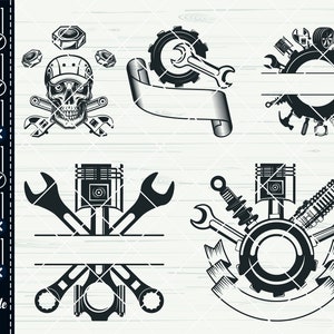 May include: Black and white digital cut file design featuring a skull wearing a cap and crossed wrenches, a piston with wrenches, a gear with a wrench, and a circle of car parts with a banner.