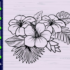 May include: Black and white line art illustration of a bouquet of hibiscus flowers and tropical leaves.
