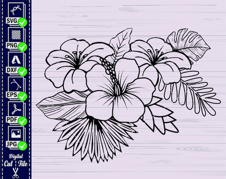 May include: Black and white line art illustration of a bouquet of hibiscus flowers and tropical leaves.