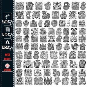 May include: A set of 85 black and white digital illustrations of gnomes in various poses and settings. The gnomes are wearing hats, holding items, and are depicted in a variety of festive and whimsical scenes.