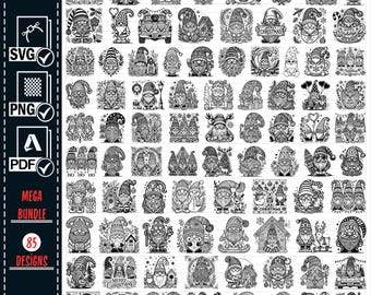 May include: A set of 85 black and white digital illustrations of gnomes in various poses and settings. The gnomes are wearing hats, holding items, and are depicted in a variety of festive and whimsical scenes.