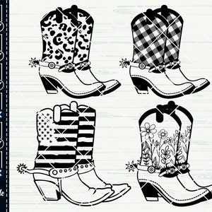 K&ouml;nnte beinhalten: Vier schwarze und wei&szlig;e Cowboy-Stiefel-Schnittdateien. Die Stiefel sind mit verschiedenen Mustern verziert, darunter Leopardenmuster, Karomuster, eine amerikanische Flagge und Blumenmuster.