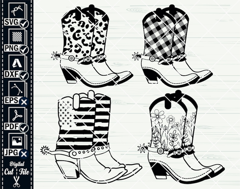K&ouml;nnte beinhalten: Vier schwarze und wei&szlig;e Cowboy-Stiefel-Schnittdateien. Die Stiefel sind mit verschiedenen Mustern verziert, darunter Leopardenmuster, Karomuster, eine amerikanische Flagge und Blumenmuster.