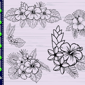 May include: A set of four black and white digital cut files featuring tropical flowers and leaves. The files are perfect for creating crafts, decorations, and more.