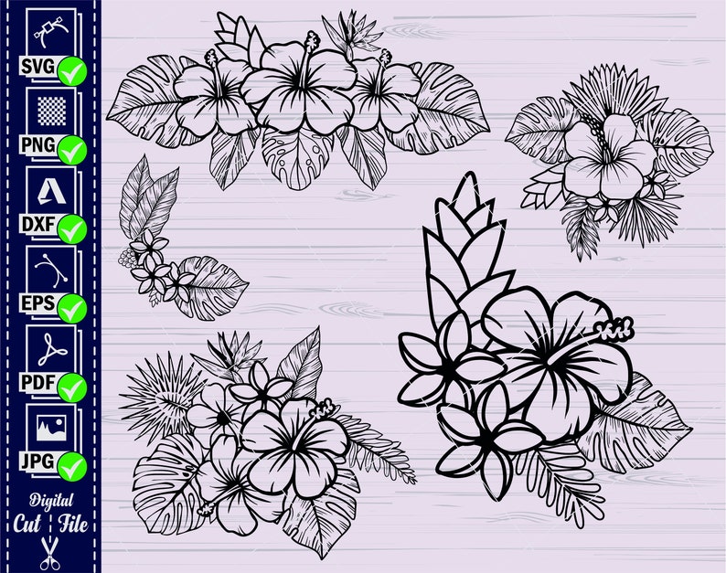 May include: A set of four black and white digital cut files featuring tropical flowers and leaves. The files are perfect for creating crafts, decorations, and more.