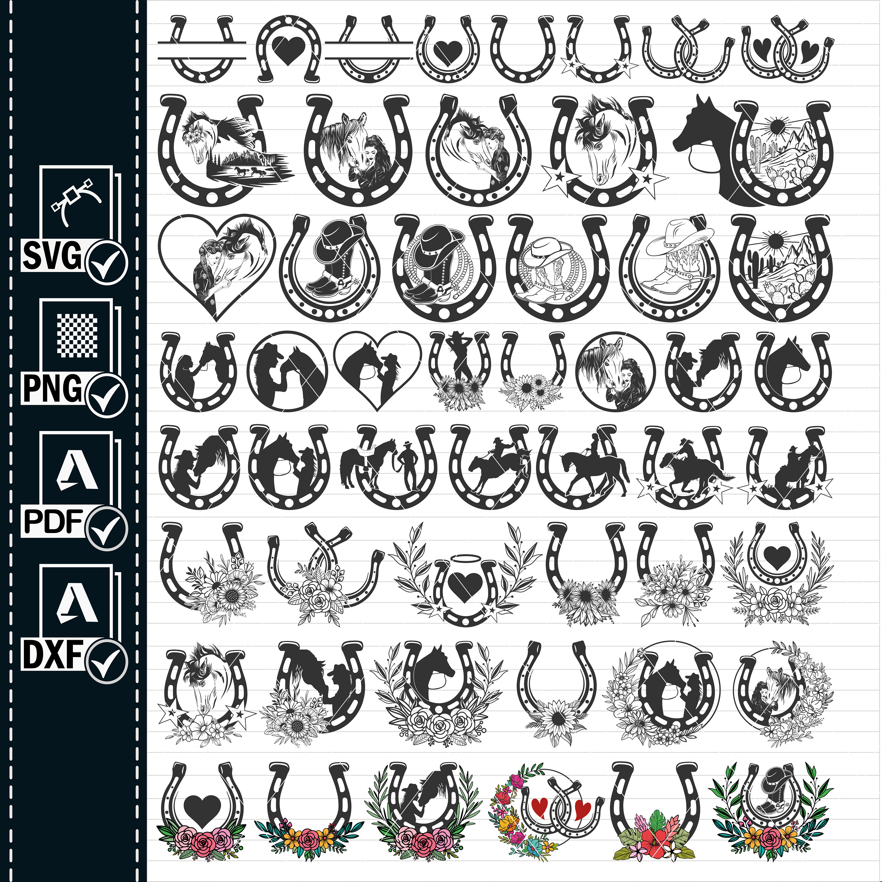 HORSESHOE SVG MEGA Bundle, Horse Lover, Horseshoe Flower cut file Horseshoe Sunflower Floral Horse Shoe svg Equestrian Vector Monogram Frame